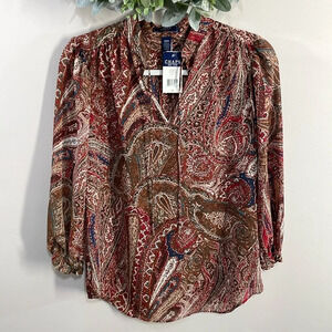 NWT Chaps Denim Sheer Paisley Blouse Boho S